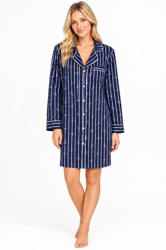 WILD PALMS FRENCH TERRY BOW DETAIL STRIPE NIGHT SHIRT