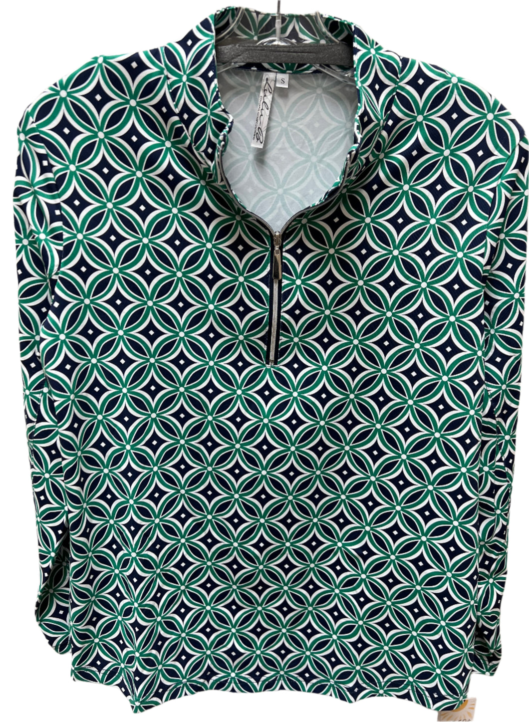 LU LU B GREEN/WHITE/NAVY PRINT QUARTER ZIP