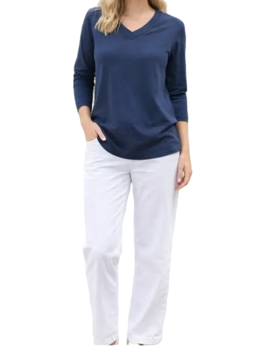 LU LU B NAVY 3/4 SLEEVE TSHIRT WITH POCKET SLEEVE DETAIL
