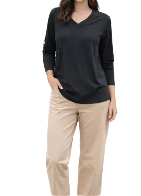 LU LU B BLACK 3/4 SLEEVE TEE WITH POCKET DETAIL ON SLEEVE