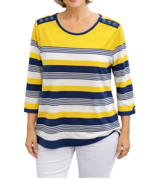 LINKS WHITE/YELLOW/BLUE STRIPE THREE QUARTER SLEEVE TOP