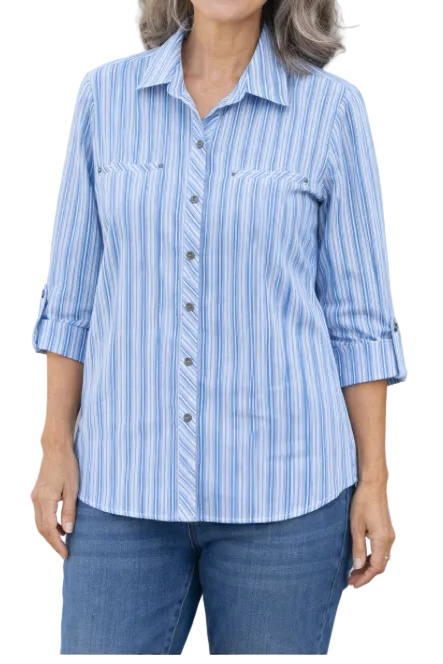 SOUTHERN LADY 3/4 SLEEVE BLUE/WHITE STRIPED BUTTON UP TOP
