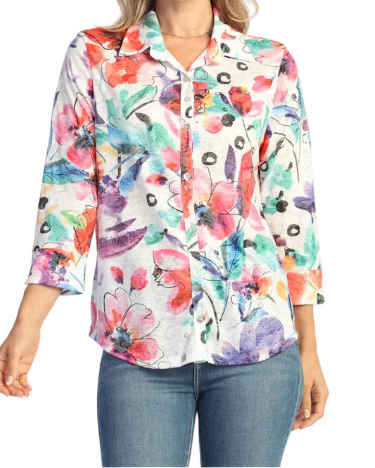 JESS & JANE BUTTON-DOWN SHIRT WITH 3/4 CUFF SLEEVE