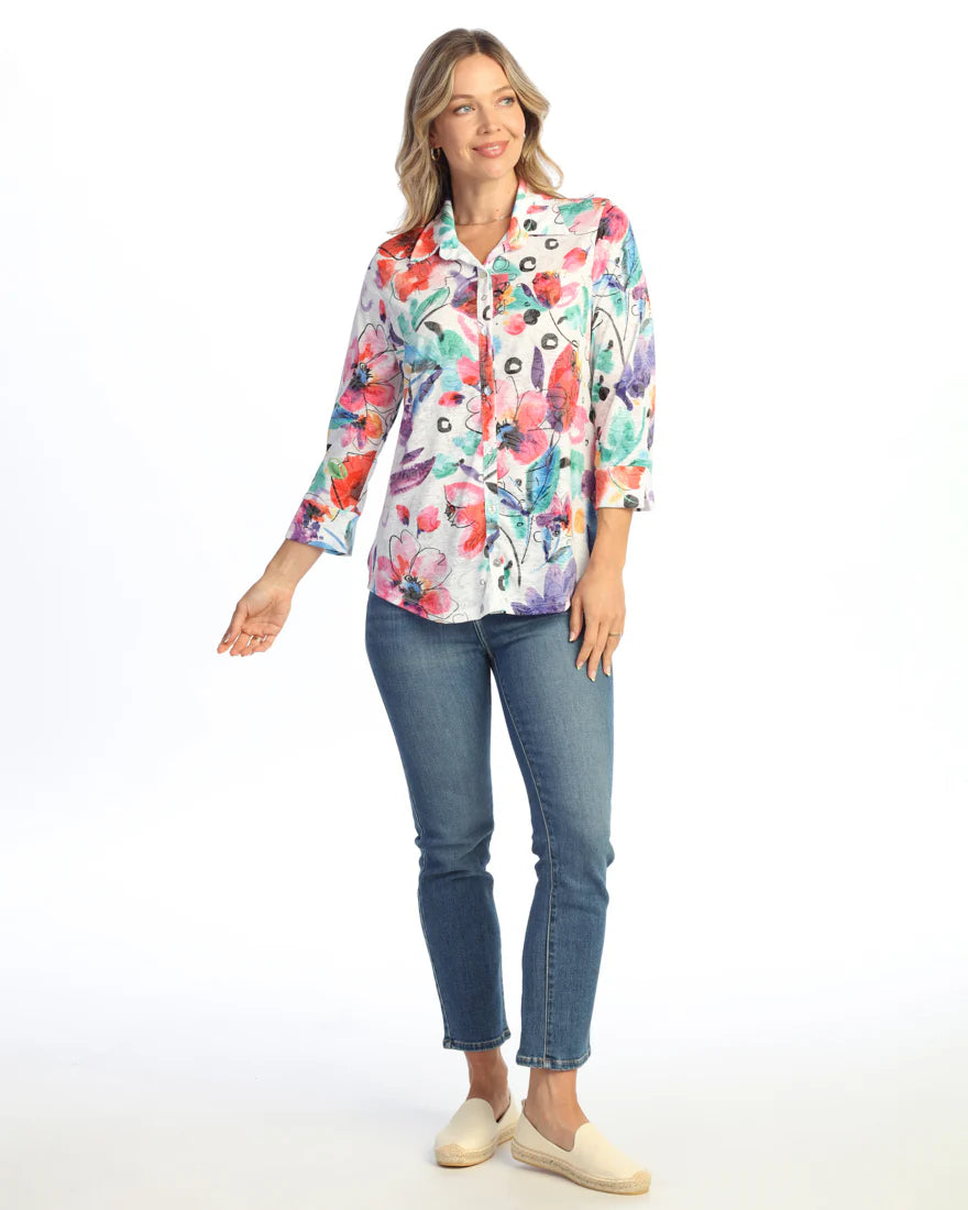 JESS & JANE BUTTON-DOWN SHIRT WITH 3/4 CUFF SLEEVE