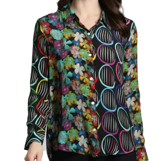 APNY COLORFUL PATCHWORK FLORAL & CIRCLES BUTTON UP
