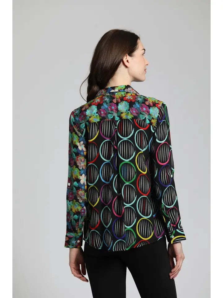 APNY COLORFUL PATCHWORK FLORAL & CIRCLES BUTTON UP