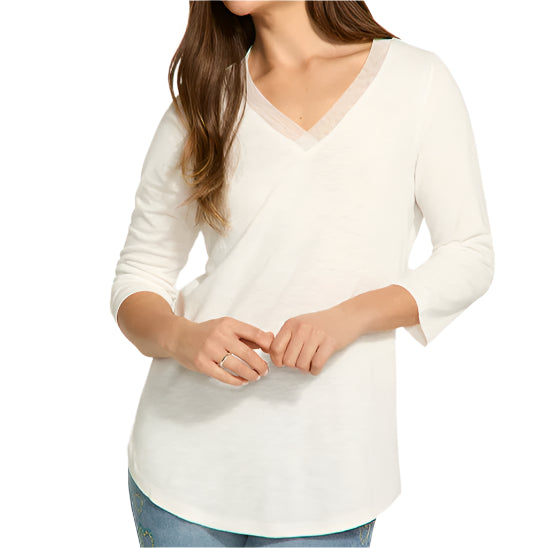 FDJ MESH V NECK 3/4 SLEEVE TOP IN WHITE