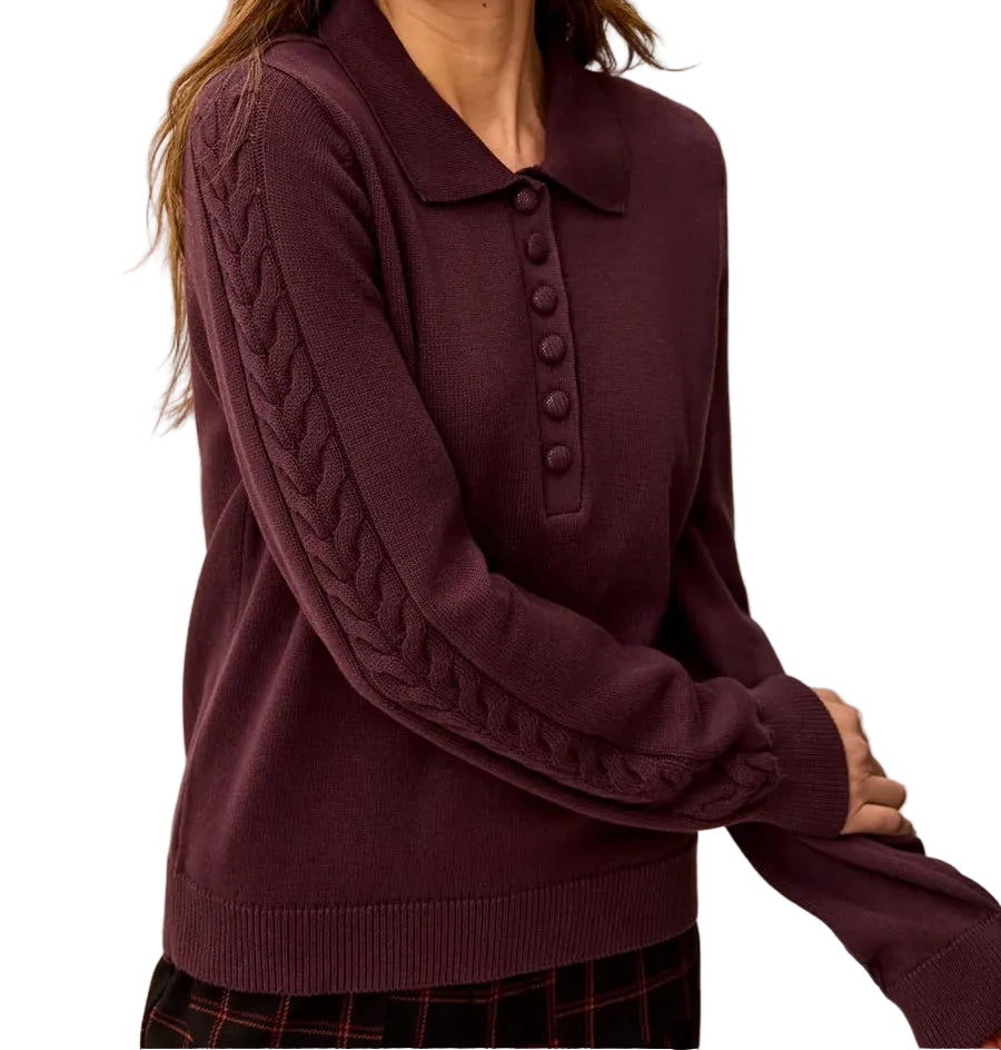 TRIBAL SELF BUTTON PLACKET COLLARED CABLE SLEEVE SWEATER