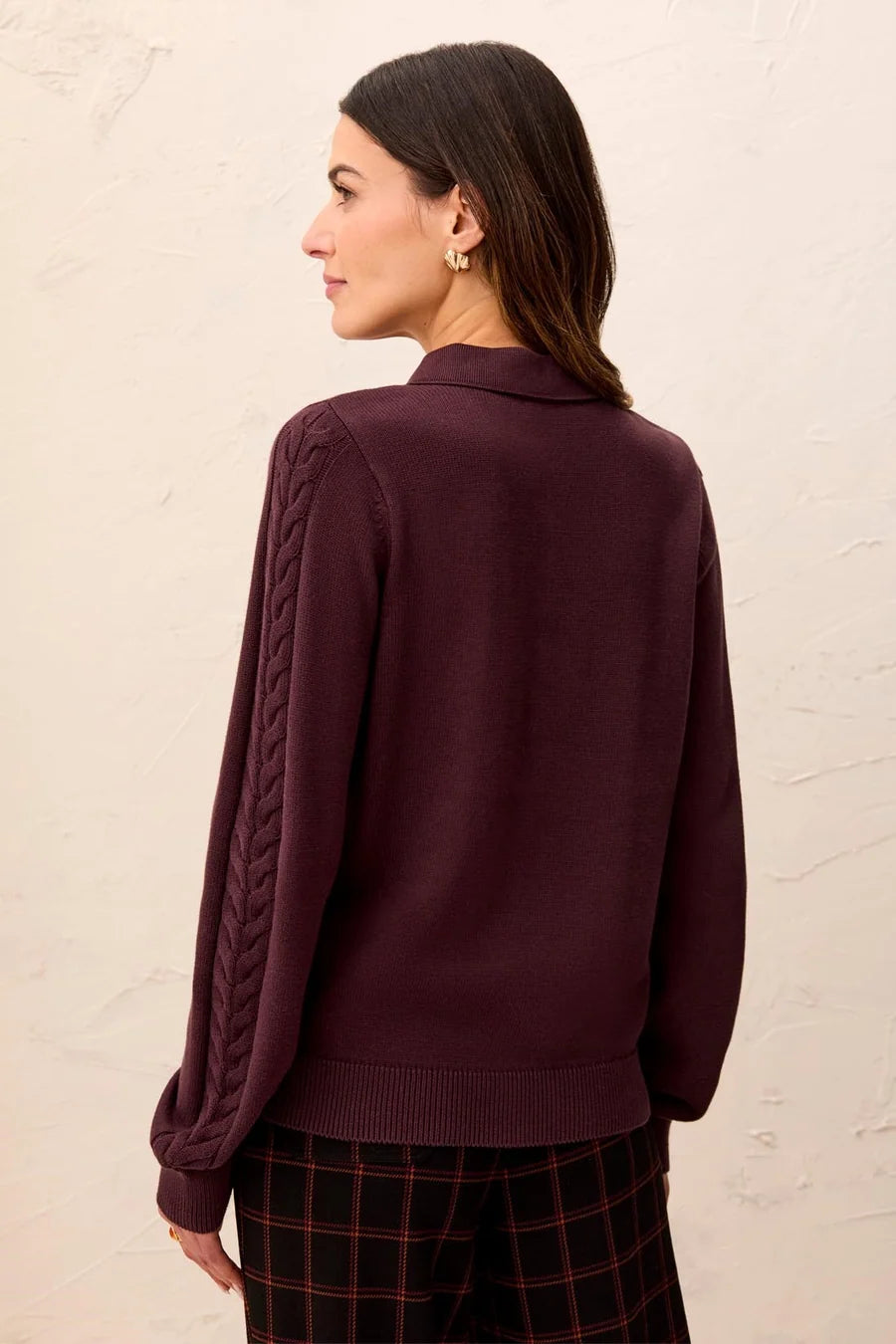 TRIBAL SELF BUTTON PLACKET COLLARED CABLE SLEEVE SWEATER