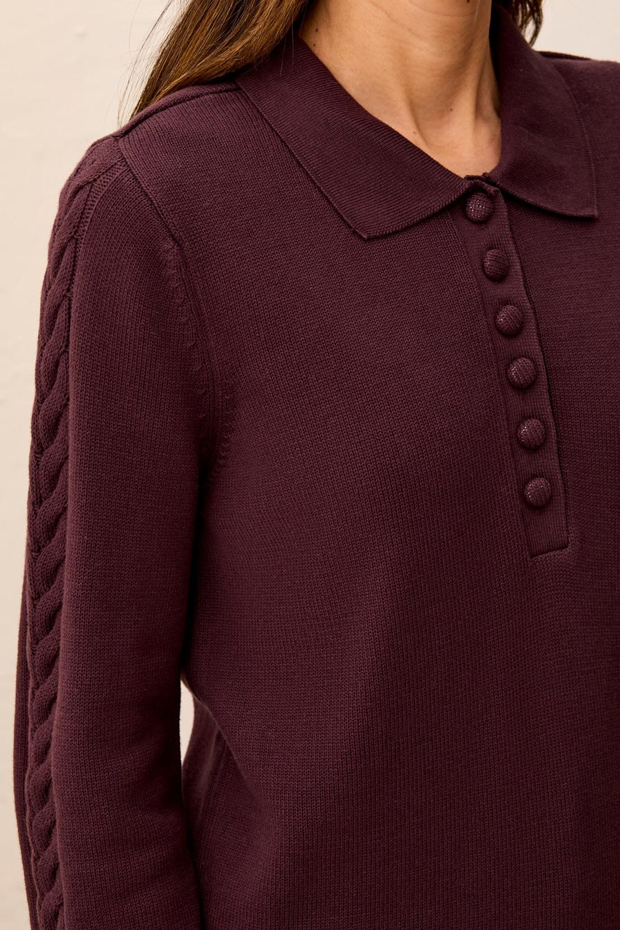 TRIBAL SELF BUTTON PLACKET COLLARED CABLE SLEEVE SWEATER
