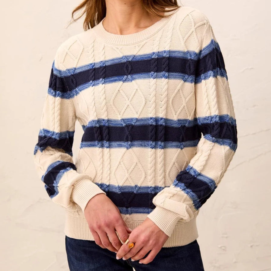 TRIBAL CABLE KNIT STRIPE CREW NECK