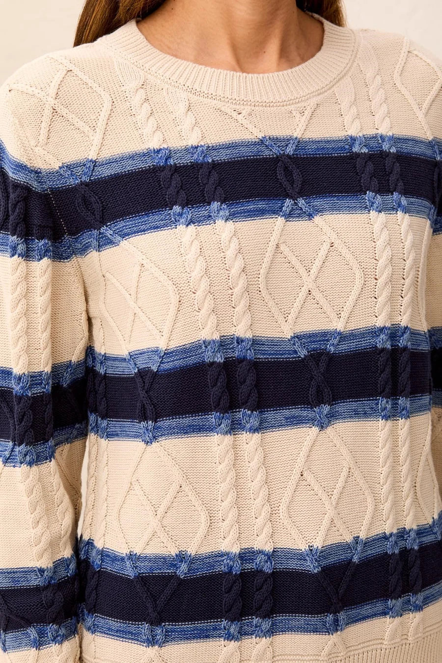 TRIBAL CABLE KNIT STRIPE CREW NECK