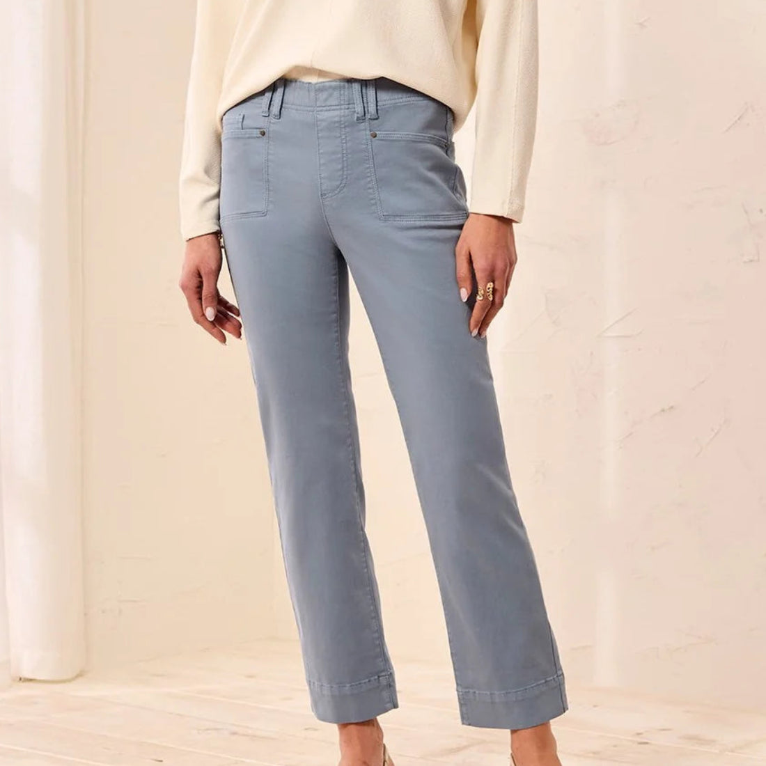 TRIBAL COMFORT STRETCH STRAIGHT LEG ANKLE PANTS IN BLUE FOG