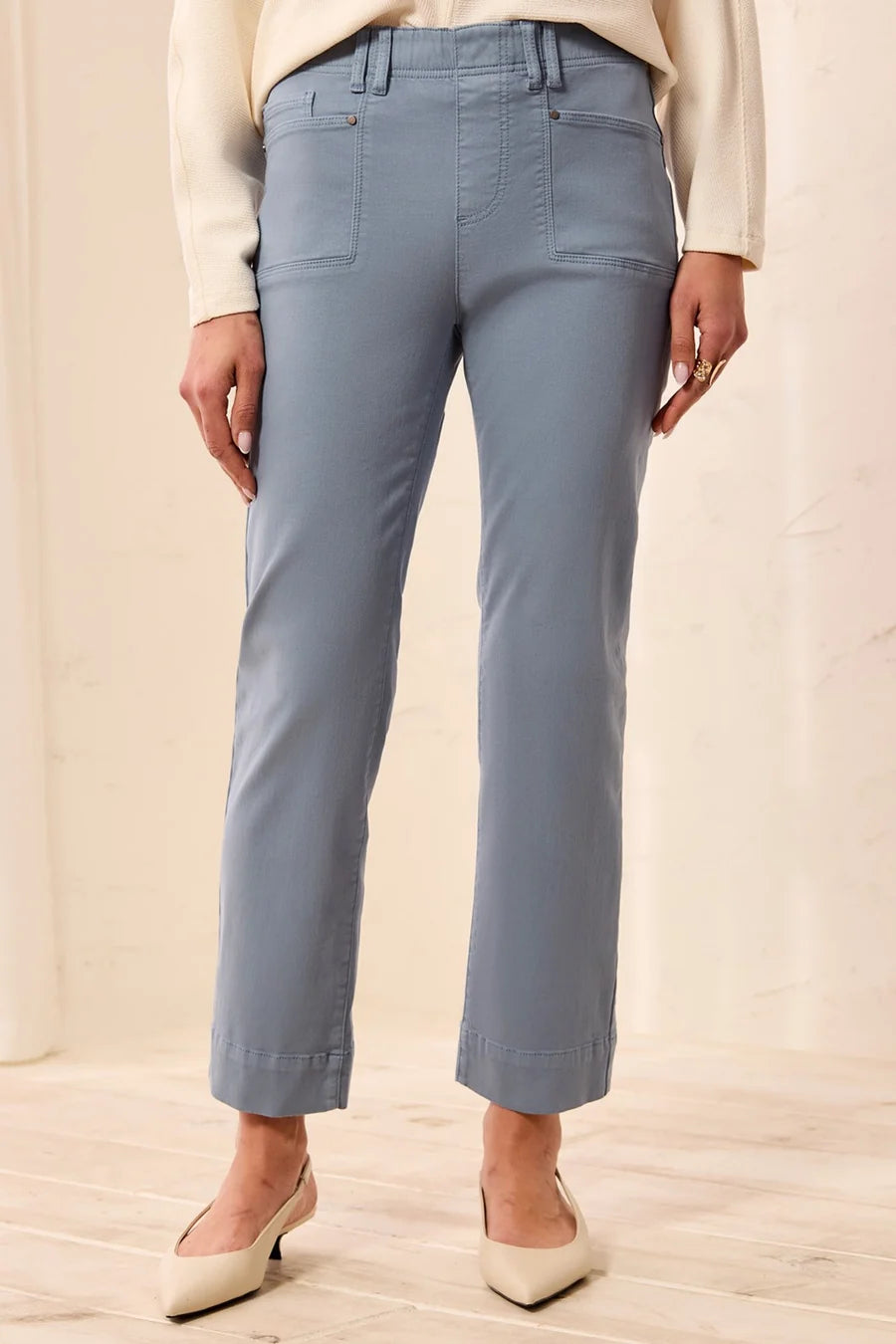 TRIBAL COMFORT STRETCH STRAIGHT LEG ANKLE PANTS IN BLUE FOG