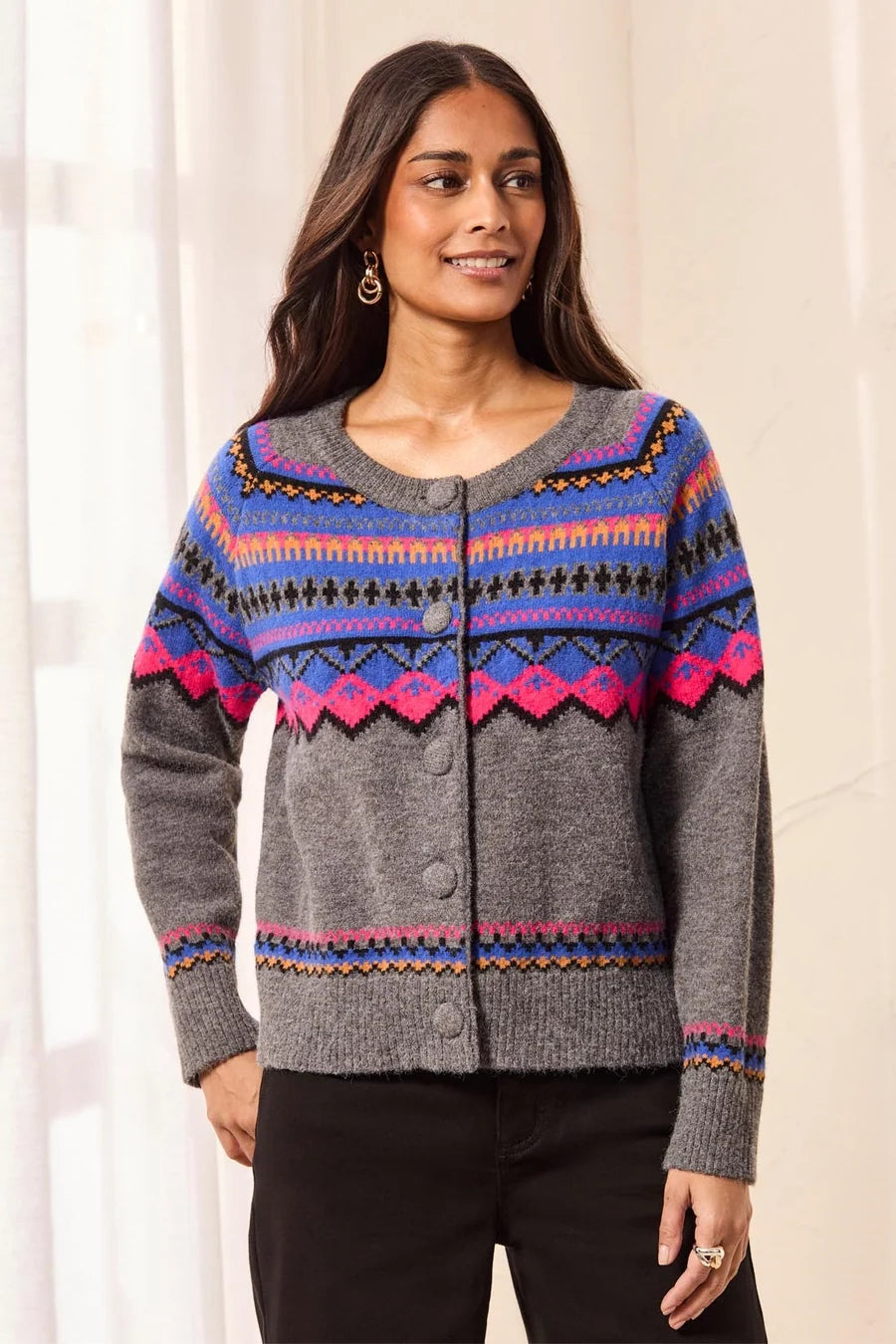TRIBAL FAIR ISLE BUTTON FRONT SWEATER
