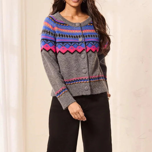 TRIBAL FAIR ISLE BUTTON FRONT SWEATER