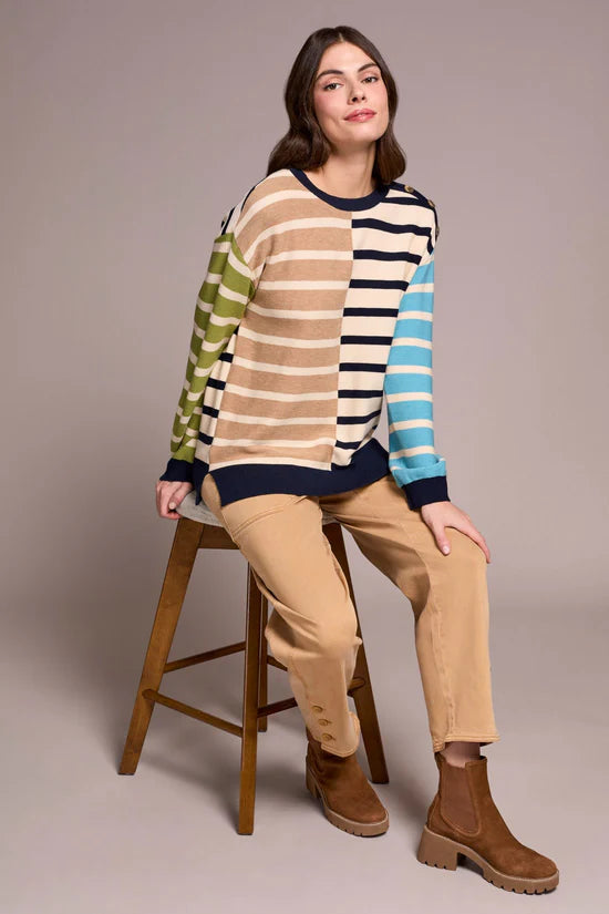 TRIBAL MULTI STRIPE LIGHTWEIGHT CREWNECK SWEATER
