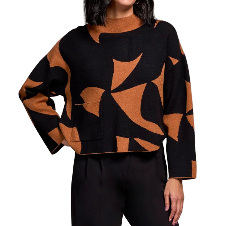 TRIBAL OVERSIZED MOCK NECK ABSTRACT PATTERN SWEATER
