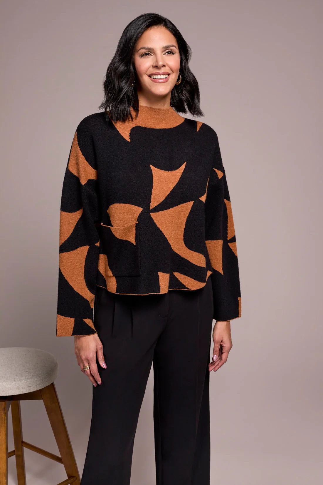 TRIBAL OVERSIZED MOCK NECK ABSTRACT PATTERN SWEATER