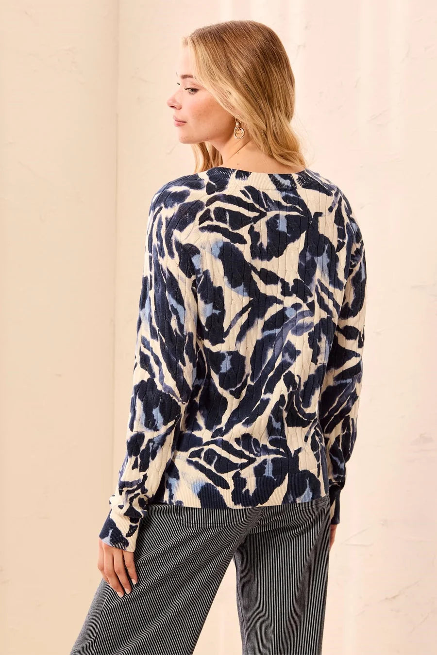 TRIBAL PRINTED CABLE COTTON CREW NECK SWEATER