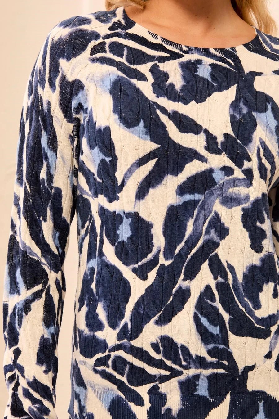 TRIBAL PRINTED CABLE COTTON CREW NECK SWEATER