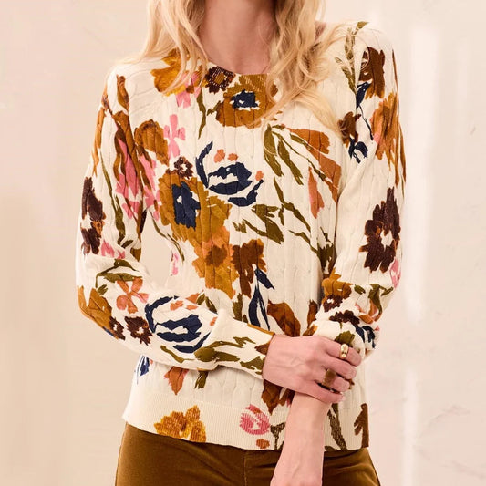 TRIBAL PRINTED CABLE COTTON CREW NECK