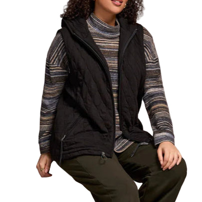 TRIBAL QUILTED COTTON LONG HOODED VEST IN BLACK