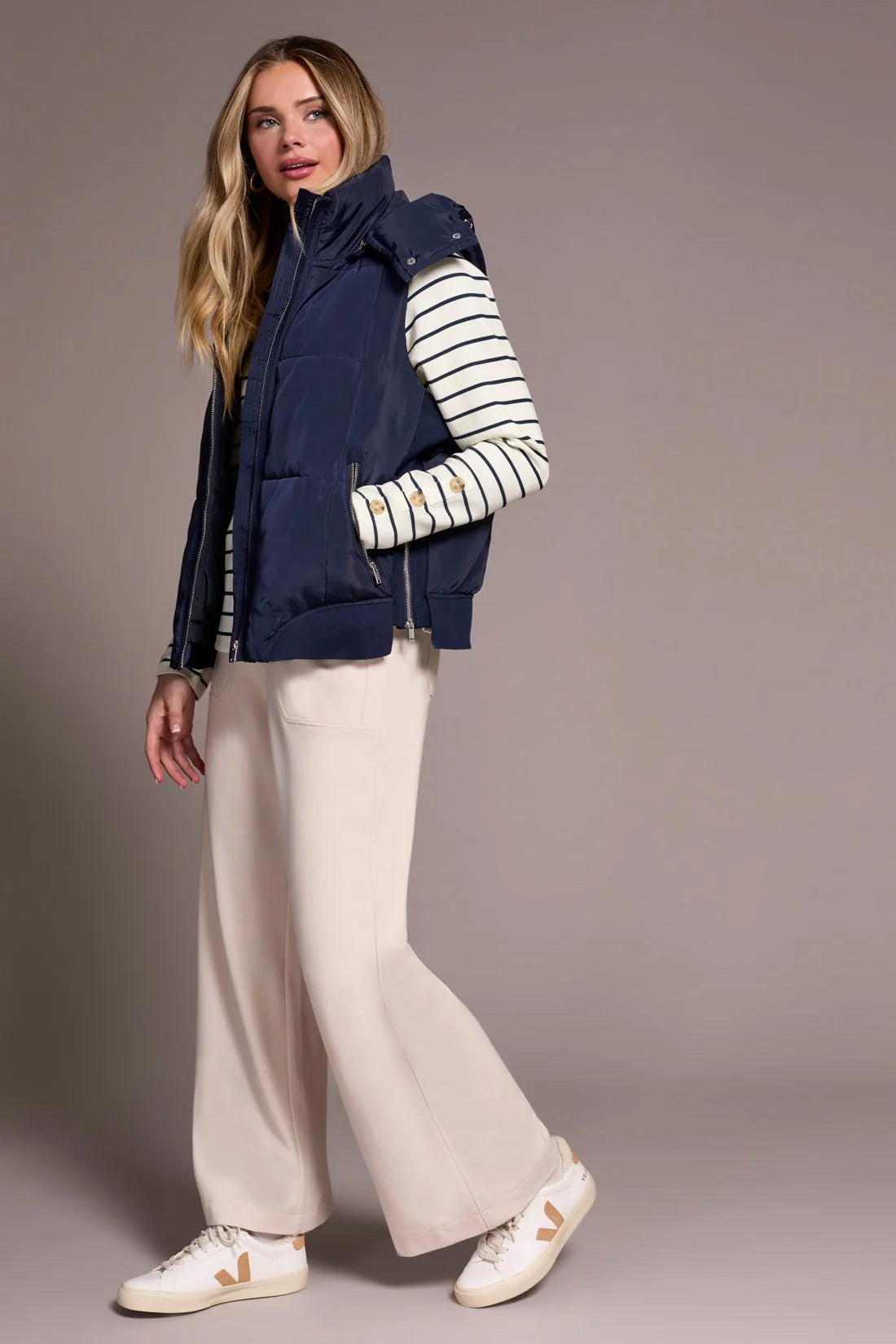 TRIBAL QUILTED PUFFER VEST WITH REMOVEABLE HOOD IN SAPPHIRE