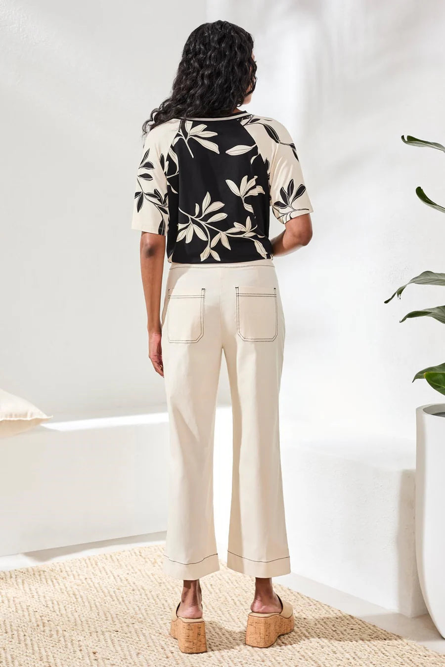 TRIBAL SIGNATURE TWILL HIGH RISE WIDE LEG CROP PANTS