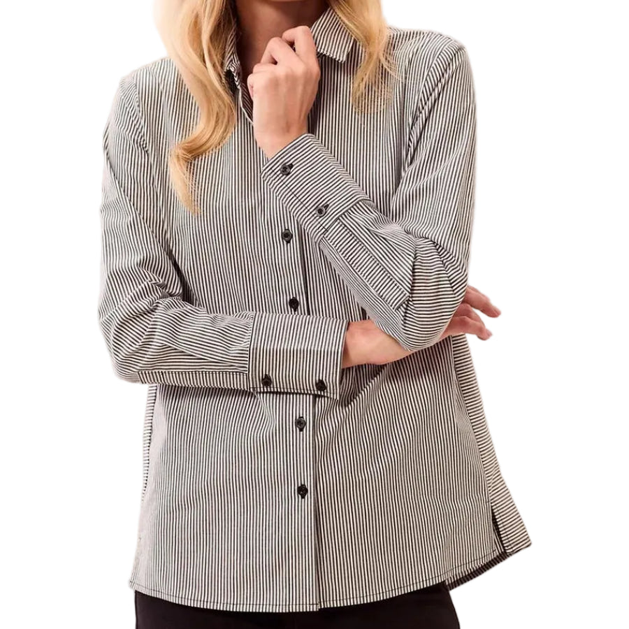 TRIBAL STRIPED STRETCH POPLIN LONG SLEEVE BUTTON FRONT