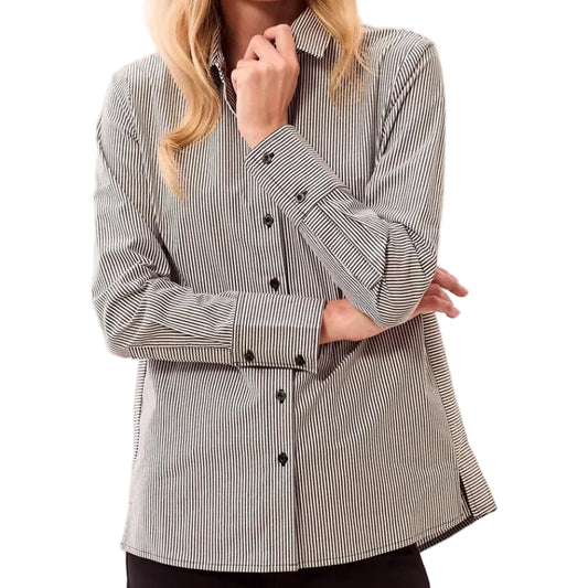 TRIBAL STRIPED STRETCH POPLIN LONG SLEEVE BUTTON FRONT