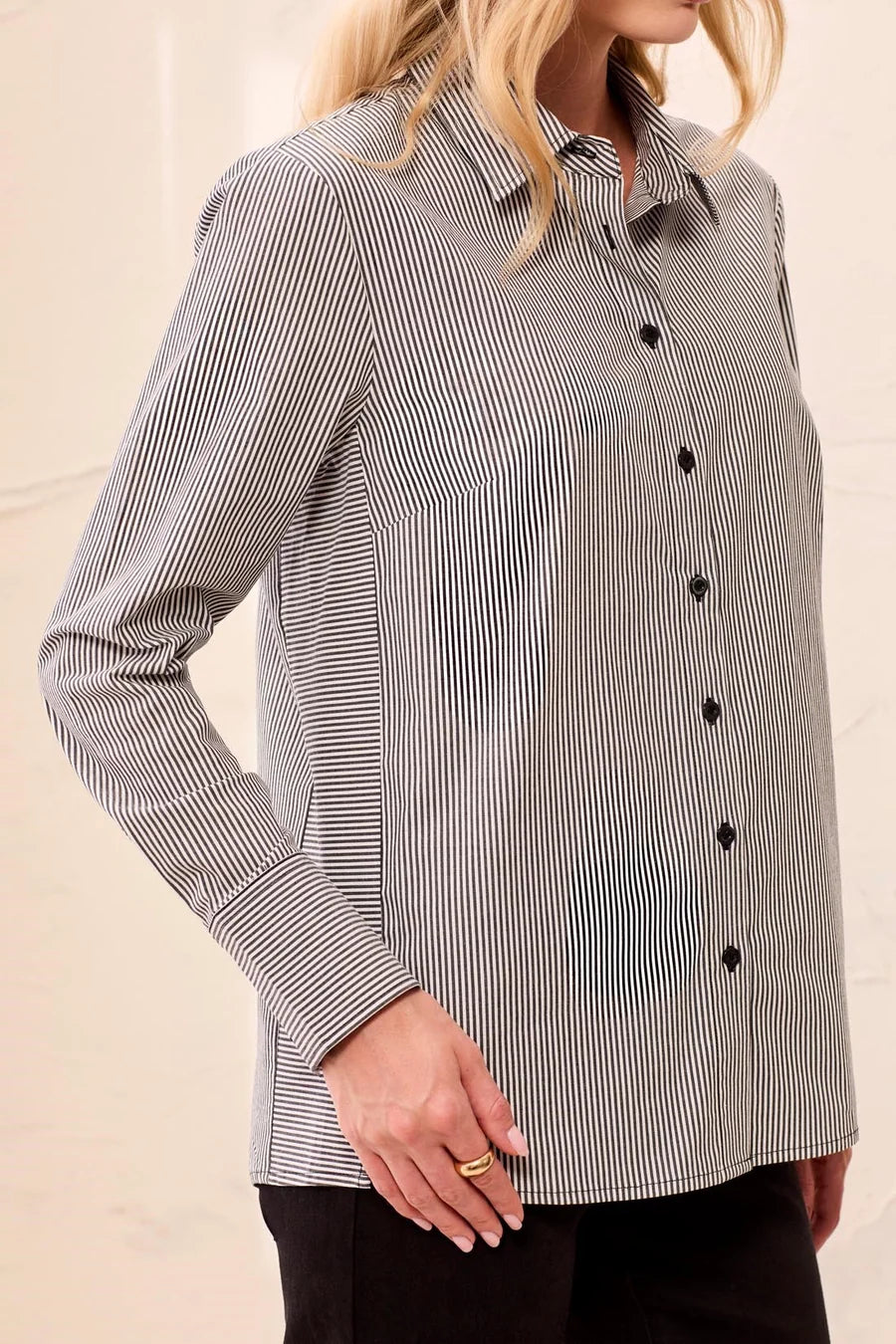 TRIBAL STRIPED STRETCH POPLIN LONG SLEEVE BUTTON FRONT
