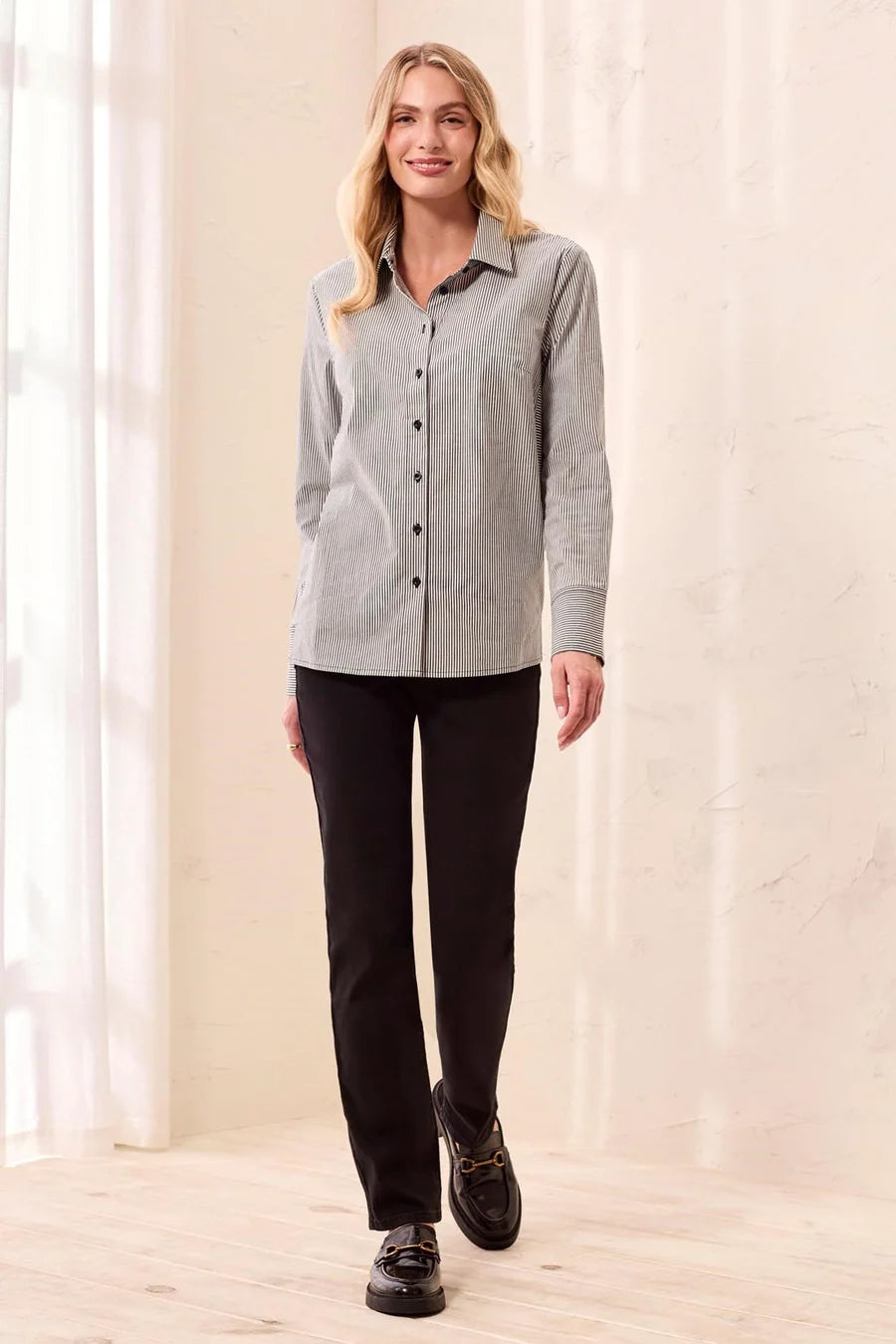 TRIBAL STRIPED STRETCH POPLIN LONG SLEEVE BUTTON FRONT