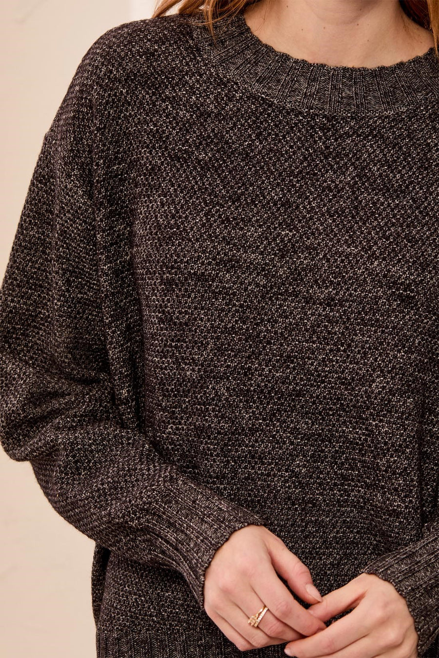 TRIBAL TEXTURED CREW NECK HIGH LOW SWEATER
