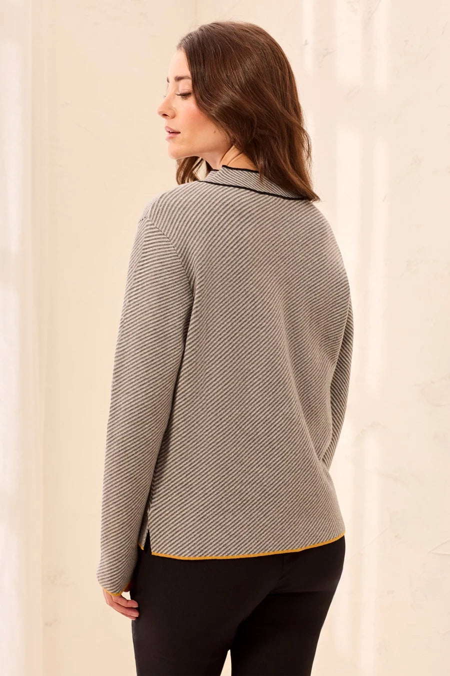 TRIBAL TEXTURED DIAGONAL STRIPE SPLIT NECK SWEATER